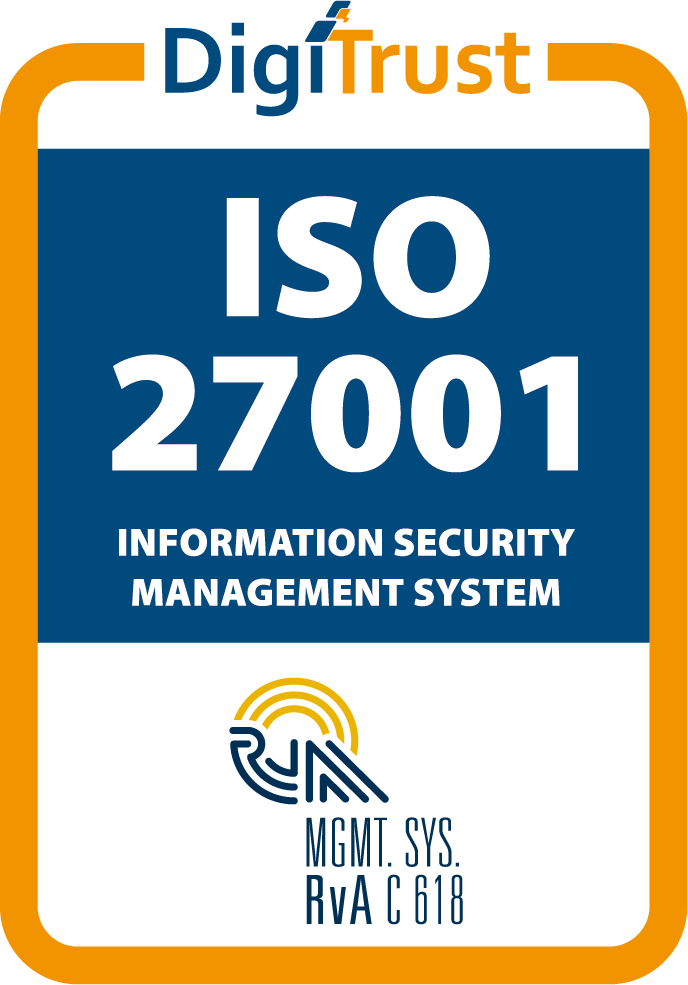 DigiTrust ISO 27001 Information Security Management System certification mark, accredited by the Raad voor Accreditatie under C 618